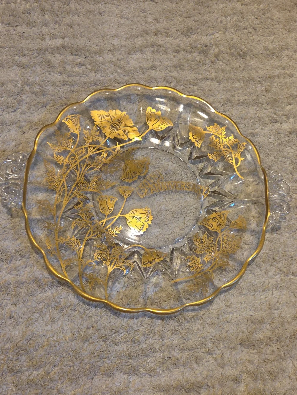 Glass Flanders Poppy 22k Gold Overlay Crystal Cake Plate 50th Anniversary